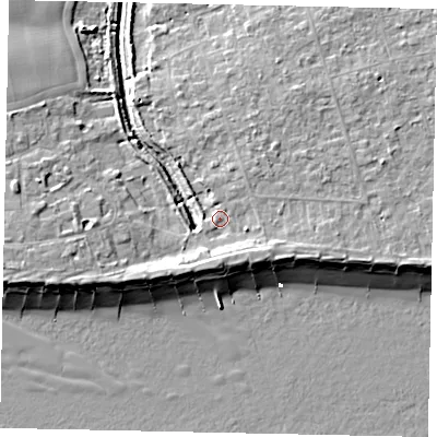 Shaded relief map of the ground around BN125QX, computed from Environment Agency LiDAR. The ground here sits at about 4 m above sea level and falls 9 m across the surrounding 800 m. Surface water reaching this point runs off ground lying to the north-north-east, 3.7 m higher.