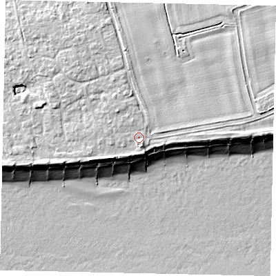 Shaded relief map of the ground around BN125SS, computed from Environment Agency LiDAR. The ground here sits at about 5 m above sea level and falls 9 m across the surrounding 800 m. Surface water reaching this point runs off ground lying to the west-south-west, 1.6 m higher.