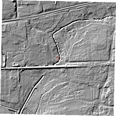Shaded relief map of the ground around BN126PX, computed from Environment Agency LiDAR. The ground here sits at about 4 m above sea level and falls 12 m across the surrounding 800 m. Surface water reaching this point runs off ground lying to the east-south-east, 5.4 m higher.