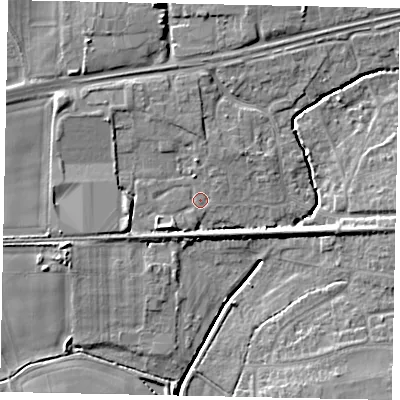 Shaded relief map of the ground around BN126PY, computed from Environment Agency LiDAR. The ground here sits at about 6 m above sea level and falls 11 m across the surrounding 800 m. Surface water reaching this point runs off ground lying to the north-north-east, 0.8 m higher.