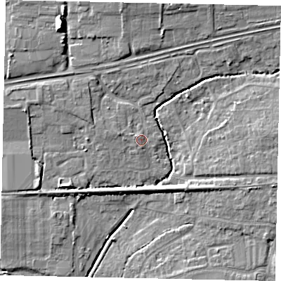 Shaded relief map of the ground around BN126QA, computed from Environment Agency LiDAR. The ground here sits at about 6 m above sea level and falls 12 m across the surrounding 800 m. Surface water reaching this point runs off ground lying to the west-north-west, 1.1 m higher.