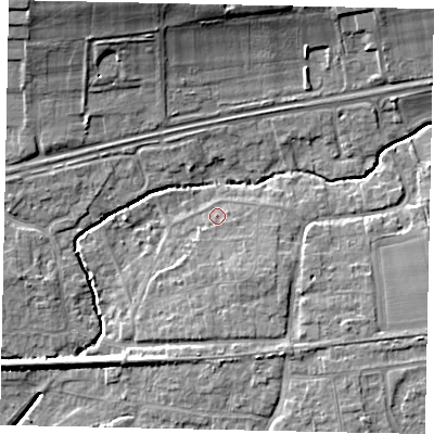 Shaded relief map of the ground around BN126QN, computed from Environment Agency LiDAR. The ground here sits at about 6 m above sea level and falls 12 m across the surrounding 800 m. Surface water reaching this point runs off ground lying to the south-east, 2.5 m higher.