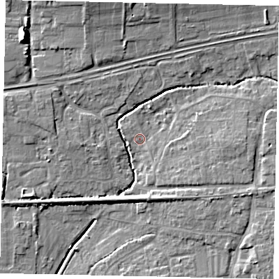 Shaded relief map of the ground around BN126QQ, computed from Environment Agency LiDAR. The ground here sits at about 4 m above sea level and falls 12 m across the surrounding 800 m. Surface water reaching this point runs off ground lying to the east, 5.7 m higher.