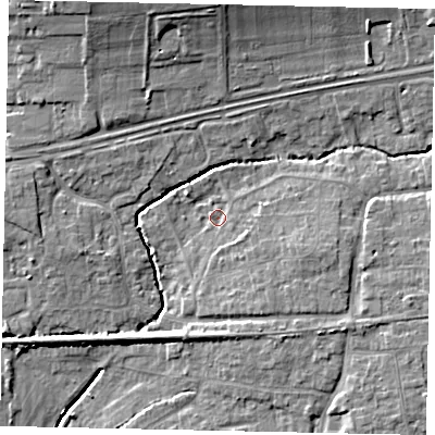 Shaded relief map of the ground around BN126QR, computed from Environment Agency LiDAR. The ground here sits at about 5 m above sea level and falls 10 m across the surrounding 800 m. Surface water reaching this point runs off ground lying to the east-south-east, 5.7 m higher.