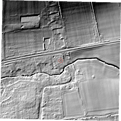 Shaded relief map of the ground around BN126QS, computed from Environment Agency LiDAR. The ground here sits at about 6 m above sea level and falls 22 m across the surrounding 800 m. Surface water reaching this point runs off ground lying to the north-north-east, 1.1 m higher.