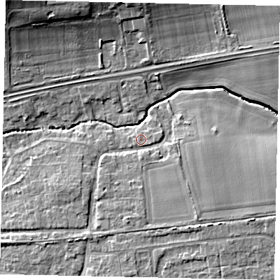 Shaded relief map of the ground around BN126QT, computed from Environment Agency LiDAR. The ground here sits at about 6 m above sea level and falls 13 m across the surrounding 800 m. Surface water reaching this point runs off ground lying to the south-east, 2.8 m higher.