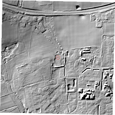 Shaded relief map of the ground around BN133FD, computed from Environment Agency LiDAR. The ground here sits at about 19 m above sea level and falls 22 m across the surrounding 800 m. Surface water reaching this point runs off ground lying to the north-west, 17.2 m higher.