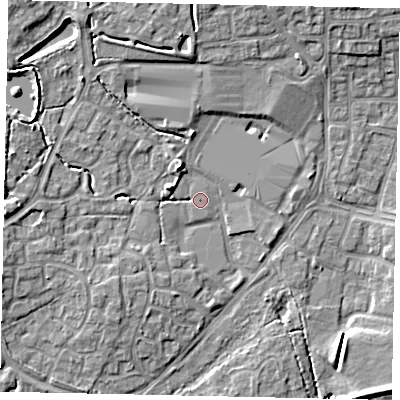 Shaded relief map of the ground around BN133FE, computed from Environment Agency LiDAR. The ground here sits at about 10 m above sea level and falls 8 m across the surrounding 800 m. Surface water reaching this point runs off ground lying to the north-west, 2.7 m higher.
