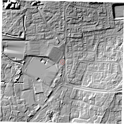 Shaded relief map of the ground around BN133FJ, computed from Environment Agency LiDAR. The ground here sits at about 10 m above sea level and falls 14 m across the surrounding 800 m. Surface water reaching this point runs off ground lying to the north-north-west, 11.0 m higher.