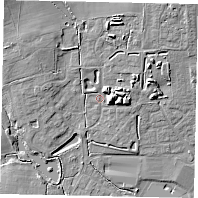 Shaded relief map of the ground around BN133FP, computed from Environment Agency LiDAR. The ground here sits at about 16 m above sea level and falls 16 m across the surrounding 800 m. Surface water reaching this point runs off ground lying to the north-east, 9.7 m higher.