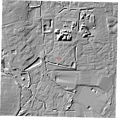 Shaded relief map of the ground around BN133FQ, computed from Environment Agency LiDAR. The ground here sits at about 14 m above sea level and falls 14 m across the surrounding 800 m. Surface water reaching this point runs off ground lying to the north, 9.1 m higher.