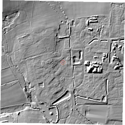 Shaded relief map of the ground around BN133FX, computed from Environment Agency LiDAR. The ground here sits at about 16 m above sea level and falls 18 m across the surrounding 800 m. Surface water reaching this point runs off ground lying to the north-east, 8.9 m higher.