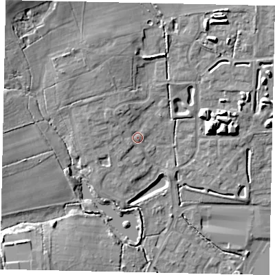 Shaded relief map of the ground around BN133FY, computed from Environment Agency LiDAR. The ground here sits at about 16 m above sea level and falls 15 m across the surrounding 800 m. Surface water reaching this point runs off ground lying to the west-north-west, 1.6 m higher.
