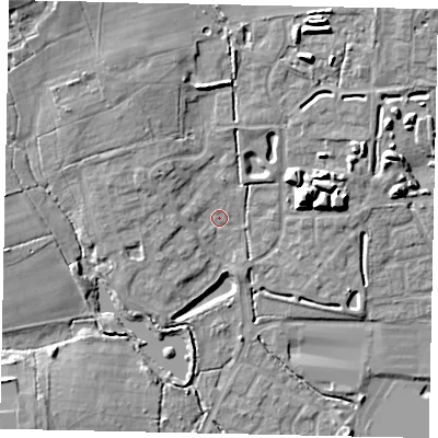 Shaded relief map of the ground around BN133FZ, computed from Environment Agency LiDAR. The ground here sits at about 15 m above sea level and falls 15 m across the surrounding 800 m. Surface water reaching this point runs off ground lying to the north-west, 4.3 m higher.