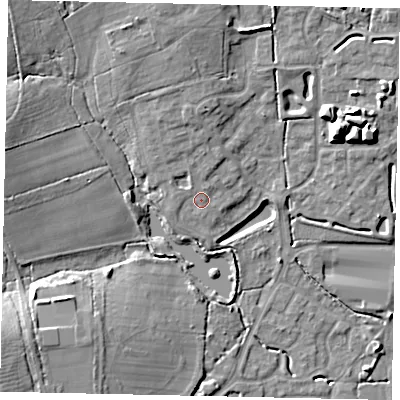 Shaded relief map of the ground around BN133GD, computed from Environment Agency LiDAR. The ground here sits at about 15 m above sea level and falls 14 m across the surrounding 800 m. Surface water reaching this point runs off ground lying to the north, 3.9 m higher.