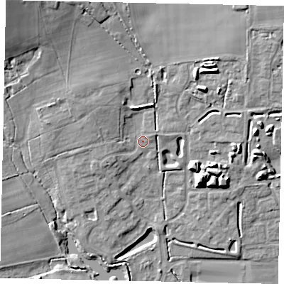 Shaded relief map of the ground around BN133GR, computed from Environment Agency LiDAR. The ground here sits at about 17 m above sea level and falls 20 m across the surrounding 800 m. Surface water reaching this point runs off ground lying to the north-west, 10.6 m higher.
