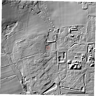 Shaded relief map of the ground around BN133GS, computed from Environment Agency LiDAR. The ground here sits at about 17 m above sea level and falls 24 m across the surrounding 800 m. Surface water reaching this point runs off ground lying to the north-north-west, 12.0 m higher.