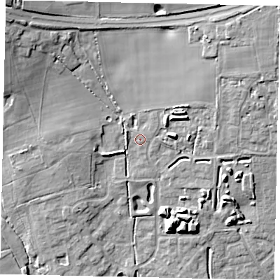 Shaded relief map of the ground around BN133GU, computed from Environment Agency LiDAR. The ground here sits at about 18 m above sea level and falls 21 m across the surrounding 800 m. Surface water reaching this point runs off ground lying to the north-north-east, 2.7 m higher.