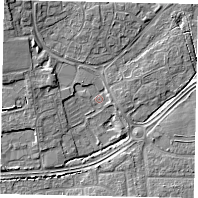 Shaded relief map of the ground around BN133NT, computed from Environment Agency LiDAR. The ground here sits at about 9 m above sea level and falls 11 m across the surrounding 800 m. Surface water reaching this point runs off ground lying to the north-west, 7.8 m higher.