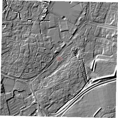 Shaded relief map of the ground around BN133PJ, computed from Environment Agency LiDAR. The ground here sits at about 9 m above sea level and falls 7 m across the surrounding 800 m. Surface water reaching this point runs off ground lying to the north-west, 4.5 m higher.
