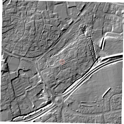 Shaded relief map of the ground around BN133PP, computed from Environment Agency LiDAR. The ground here sits at about 10 m above sea level and falls 8 m across the surrounding 800 m. The ground contributing surface water to this point lies to the east-south-east.