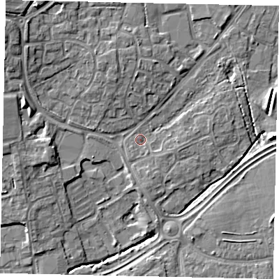 Shaded relief map of the ground around BN133PT, computed from Environment Agency LiDAR. The ground here sits at about 9 m above sea level and falls 11 m across the surrounding 800 m. Surface water reaching this point runs off ground lying to the north-north-west, 3.9 m higher.