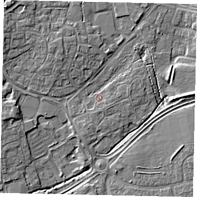 Shaded relief map of the ground around BN133PX, computed from Environment Agency LiDAR. The ground here sits at about 9 m above sea level and falls 9 m across the surrounding 800 m. Surface water reaching this point runs off ground lying to the east-south-east, 1.4 m higher.