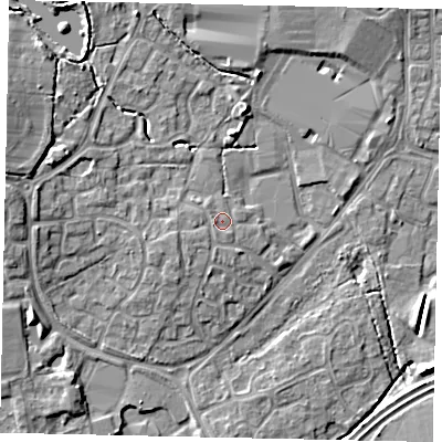 Shaded relief map of the ground around BN133QA, computed from Environment Agency LiDAR. The ground here sits at about 11 m above sea level and falls 9 m across the surrounding 800 m. Surface water reaching this point runs off ground lying to the west-south-west, 1.2 m higher.