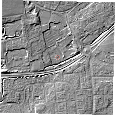 Shaded relief map of the ground around BN133QZ, computed from Environment Agency LiDAR. The ground here sits at about 7 m above sea level and falls 9 m across the surrounding 800 m. Surface water reaching this point runs off ground lying to the north-west, 8.7 m higher.