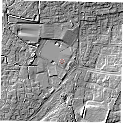 Shaded relief map of the ground around BN133RB, computed from Environment Agency LiDAR. The ground here sits at about 11 m above sea level and falls 8 m across the surrounding 800 m. The ground contributing surface water to this point lies to the north-west.
