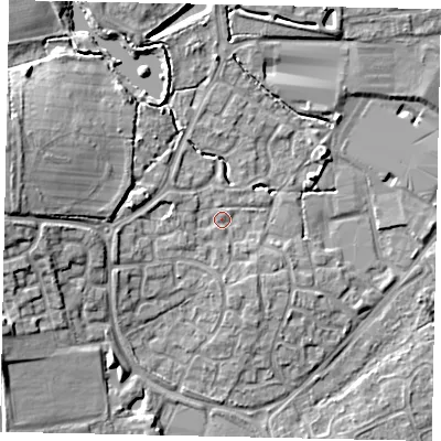 Shaded relief map of the ground around BN133RH, computed from Environment Agency LiDAR. The ground here sits at about 12 m above sea level and falls 11 m across the surrounding 800 m. Surface water reaching this point runs off ground lying to the west, 1.6 m higher.