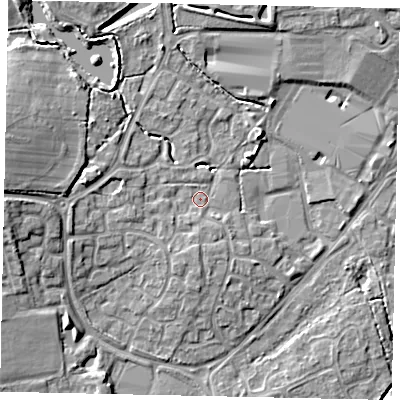 Shaded relief map of the ground around BN133RJ, computed from Environment Agency LiDAR. The ground here sits at about 11 m above sea level and falls 11 m across the surrounding 800 m. Surface water reaching this point runs off ground lying to the south, 1.6 m higher.