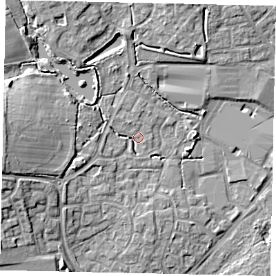Shaded relief map of the ground around BN133SL, computed from Environment Agency LiDAR. The ground here sits at about 11 m above sea level and falls 11 m across the surrounding 800 m. Surface water reaching this point runs off ground lying to the west, 9.8 m higher.