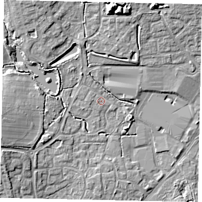 Shaded relief map of the ground around BN133SN, computed from Environment Agency LiDAR. The ground here sits at about 12 m above sea level and falls 14 m across the surrounding 800 m. Surface water reaching this point runs off ground lying to the north-north-west, 1.5 m higher.