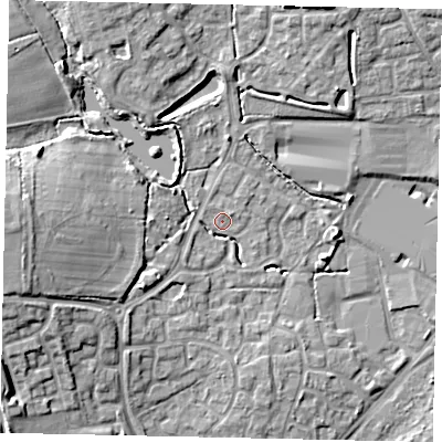 Shaded relief map of the ground around BN133SP, computed from Environment Agency LiDAR. The ground here sits at about 12 m above sea level and falls 11 m across the surrounding 800 m. Surface water reaching this point runs off ground lying to the west, 9.8 m higher.