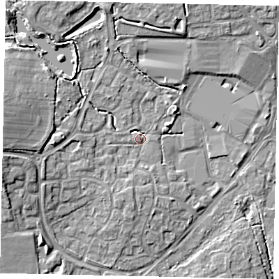Shaded relief map of the ground around BN133SR, computed from Environment Agency LiDAR. The ground here sits at about 11 m above sea level and falls 10 m across the surrounding 800 m. Surface water reaching this point runs off ground lying to the west-north-west, 8.7 m higher.