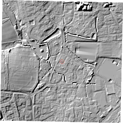 Shaded relief map of the ground around BN133SS, computed from Environment Agency LiDAR. The ground here sits at about 12 m above sea level and falls 14 m across the surrounding 800 m. Surface water reaching this point runs off ground lying to the east-south-east, 0.6 m higher.