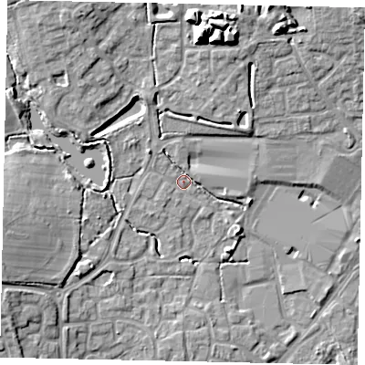 Shaded relief map of the ground around BN133ST, computed from Environment Agency LiDAR. The ground here sits at about 12 m above sea level and falls 14 m across the surrounding 800 m. Surface water reaching this point runs off ground lying to the north, 12.2 m higher.