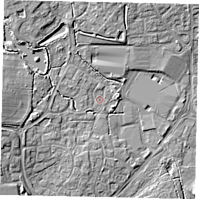 Shaded relief map of the ground around BN133SU, computed from Environment Agency LiDAR. The ground here sits at about 11 m above sea level and falls 9 m across the surrounding 800 m. Surface water reaching this point runs off ground lying to the west, 7.4 m higher.
