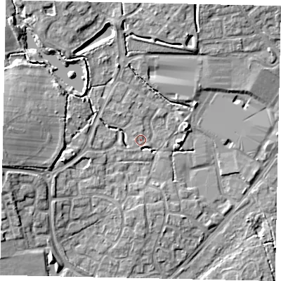Shaded relief map of the ground around BN133SW, computed from Environment Agency LiDAR. The ground here sits at about 11 m above sea level and falls 10 m across the surrounding 800 m. Surface water reaching this point runs off ground lying to the west, 8.7 m higher.