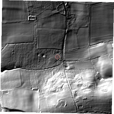 Shaded relief map of the ground around BN133UL, computed from Environment Agency LiDAR. The ground here sits at about 25 m above sea level and falls 39 m across the surrounding 800 m. Surface water reaching this point runs off ground lying to the north, 9.8 m higher.