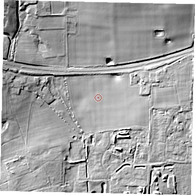Shaded relief map of the ground around BN133YY, computed from Environment Agency LiDAR. The ground here sits at about 21 m above sea level and falls 26 m across the surrounding 800 m. Surface water reaching this point runs off ground lying to the east-north-east, 6.6 m higher.