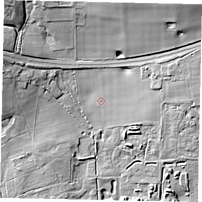 Shaded relief map of the ground around BN133ZA, computed from Environment Agency LiDAR. The ground here sits at about 20 m above sea level and falls 24 m across the surrounding 800 m. Surface water reaching this point runs off ground lying to the east-north-east, 7.0 m higher.