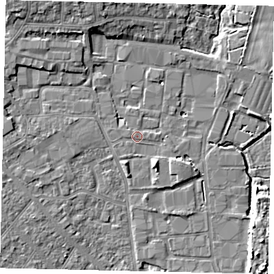 Shaded relief map of the ground around BN148NT, computed from Environment Agency LiDAR. The ground here sits at about 4 m above sea level and falls 9 m across the surrounding 800 m. Surface water reaching this point runs off ground lying to the south-south-west, 0.6 m higher.