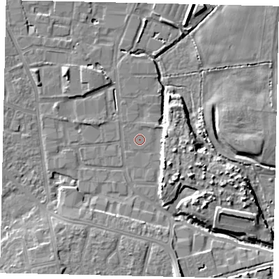 Shaded relief map of the ground around BN148NW, computed from Environment Agency LiDAR. The ground here sits at about 3 m above sea level and falls 9 m across the surrounding 800 m. Surface water reaching this point runs off ground lying to the north-east, 0.6 m higher.
