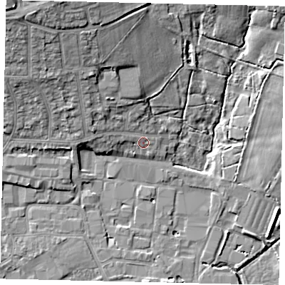 Shaded relief map of the ground around BN148QQ, computed from Environment Agency LiDAR. The ground here sits at about 5 m above sea level and falls 17 m across the surrounding 800 m. Surface water reaching this point runs off ground lying to the north-west, 8.2 m higher.
