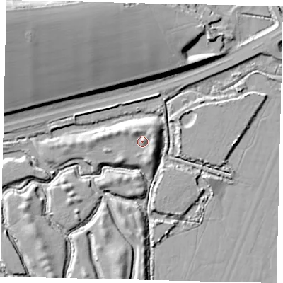 Shaded relief map of the ground around BN150FD, computed from Environment Agency LiDAR. The ground here sits at about 7 m above sea level and falls 26 m across the surrounding 800 m. Surface water reaching this point runs off ground lying to the north-west, 3.3 m higher.