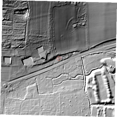 Shaded relief map of the ground around BN150QS, computed from Environment Agency LiDAR. The ground here sits at about 5 m above sea level and falls 50 m across the surrounding 800 m. Surface water reaching this point runs off ground lying to the north-north-west, 23.2 m higher.