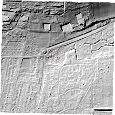 Shaded relief map of the ground around BN150QU, computed from Environment Agency LiDAR. The ground here sits at about 3 m above sea level and falls 29 m across the surrounding 800 m. Surface water reaching this point runs off ground lying to the north-west, 27.8 m higher.