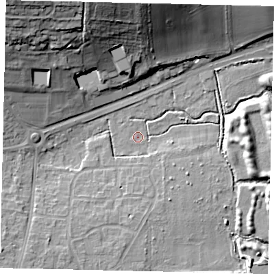 Shaded relief map of the ground around BN150QY, computed from Environment Agency LiDAR. The ground here sits at about 2 m above sea level and falls 30 m across the surrounding 800 m. Surface water reaching this point runs off ground lying to the north, 1.2 m higher.